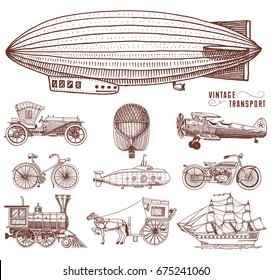 Submarine, boat and car, motorbike, Horse-drawn carriage. airship or dirigible, air balloon, airplanes corncob, locomotive. engraved hand drawn in old sketch style, vintage passengers transport.