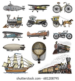 Submarine, boat and car, motorbike, Horse-drawn carriage. airship or dirigible, air balloon, airplanes corncob, locomotive. engraved hand drawn in old sketch style, vintage passengers transport.