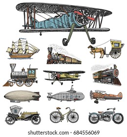 Submarine, boat and car, motorbike, Horse-drawn carriage. airship or dirigible, air balloon, airplanes corncob, locomotive. engraved hand drawn in old sketch style, vintage passengers transport.