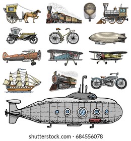 Submarine, boat and car, motorbike, Horse-drawn carriage. airship or dirigible, air balloon, airplanes corncob, locomotive. engraved hand drawn in old sketch style, vintage passengers transport.