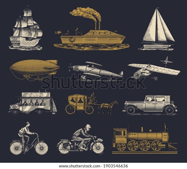 Submarine, boat and car, motorbike,\
Horse-drawn carriage. Airship or dirigible, air balloon, airplanes\
corncob, locomotive. Engraved hand drawn in old sketch style,\
vintage passengers\
transport.