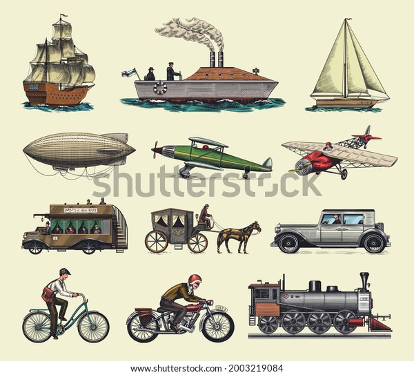 Submarine, boat and car, motorbike,\
Horse-drawn carriage. Airship or dirigible, air balloon, airplanes\
corncob, locomotive. Engraved hand drawn in old sketch style,\
vintage passengers\
transport.