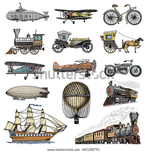 Submarine, boat and car, motorbike,\
Horse-drawn carriage. airship or dirigible, air balloon, airplanes\
corncob, locomotive. engraved hand drawn in old sketch style,\
vintage passengers\
transport.