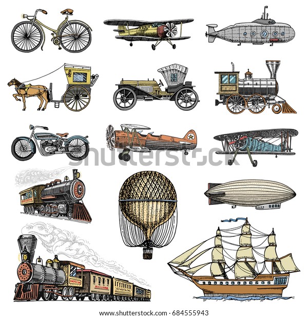 Submarine, boat and car, motorbike,\
Horse-drawn carriage. airship or dirigible, air balloon, airplanes\
corncob, locomotive. engraved hand drawn in old sketch style,\
vintage passengers\
transport.