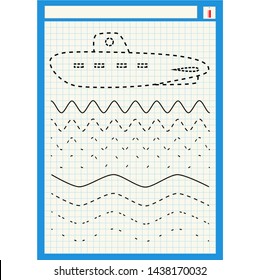 Submarine Boat, sea, waves. Preschool worksheet for practicing fine motor skills - tracing dashed lines. Tracing Worksheet. Illustration and vector outline - A4 paper ready to print.