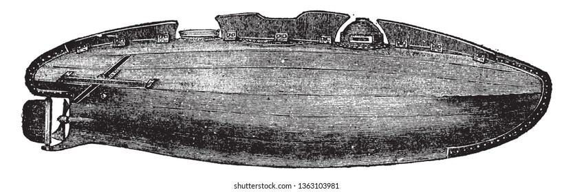 Submarine Boat which has more limited underwater capability and the term most commonly refers to a large crewed vessel, vintage line drawing or engraving illustration.