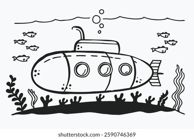 submarine book page for kids black color line art 