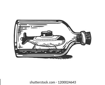 Submarine in bottle engraving vector illustration. Scratch board style imitation. Black and white hand drawn image.