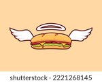 submarine bread baguette sandwich with wing flying, angel baguette sandwich with wing bread illustration