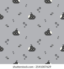 Submarine cartoon so cute. On fish flower bubbles gray background. Pattern seamless vector illustration. 
