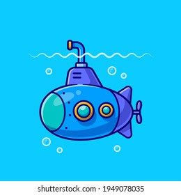 Submarine Cartoon Vector Icon Illustration. Water Transportation Icon Concept Isolated Premium Vector. Flat Cartoon Style