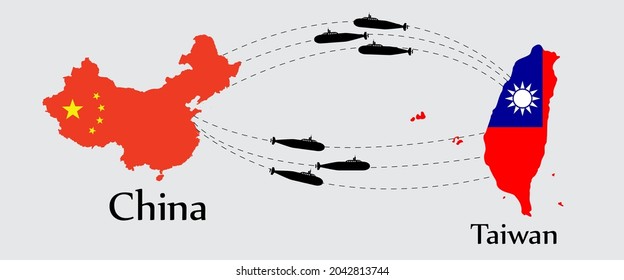 Submarine from China to Taiwan and from Taiwan to China. Concept a war between both country. And flags symbol on maps. EPS.file.