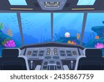 Submarine cockpit. Underwater marine cabin inside cartoon interior, ship boat control dashboard with radar technology, ocean sea water background in window vector illustration of submarine cartoon