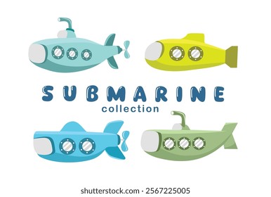 Submarine collection. Submarine series ship. Set of submarine illustration. Torpedo. Underseas boat. Submersible. Ship. Warship. U boat.