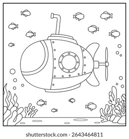Submarine cute and funny outline coloring page. Submarine, transportation, vehicle, outline coloring book for kids.