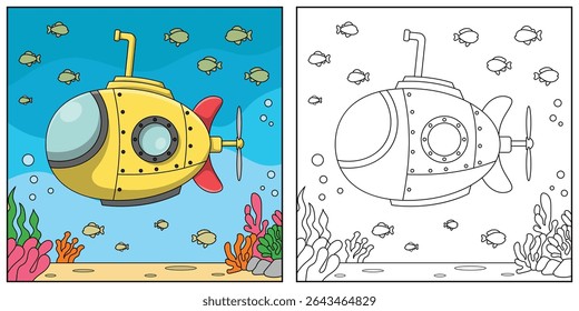Submarine cute and funny outline coloring page. Submarine, transportation, vehicle, outline coloring book for kids.
