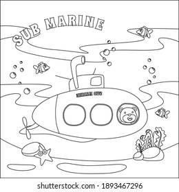 Submarine with cute sailor under sea,  with cartoon style Childish design for kids activity colouring book or page.