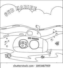 Submarine with cute sailor under sea,  with cartoon style Childish design for kids activity colouring book or page.