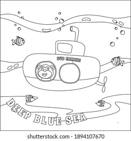 Submarine with cute sailor under sea,  with cartoon style Childish design for kids activity colouring book or page.