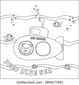 Submarine with cute sailor under sea,  with cartoon style Childish design for kids activity colouring book or page.