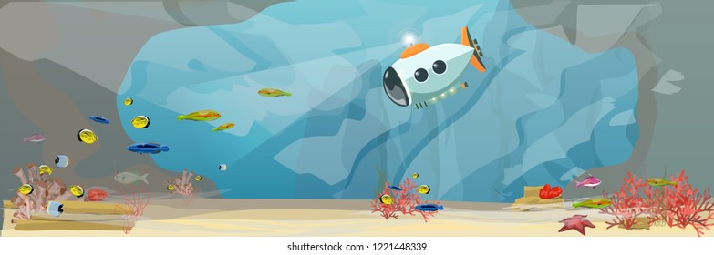 A submarine descends on a tropical sea to explore. Underwater seascape. Science and oceanography. Realistic Vector Landscape