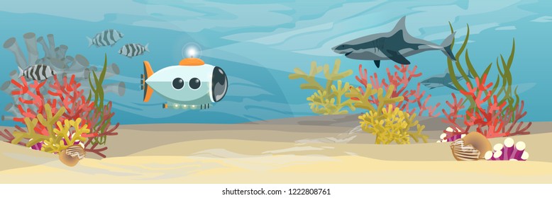 A submarine descends on a tropical sea to explore and found a great shark in the water. Underwater seascape. Science and oceanography. Realistic Vector Landscape