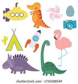 Submarine, dinos, space rocket, flamingo, camp. Set of vector illustration for nursery, kid room decoration design