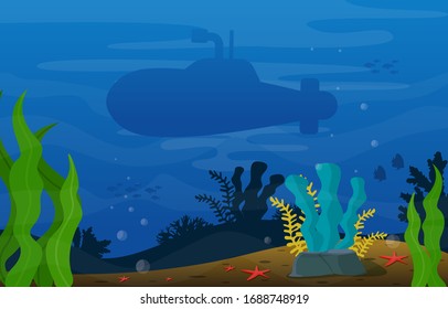Submarine Diving Explore Coral Underwater Ocean Nature Illustration