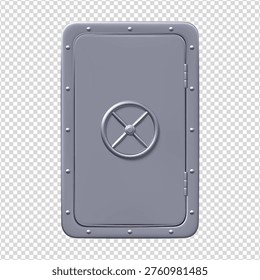 Submarine door with a circular wheel lock. Armor metal door closed. Realistic 3D bomb shelter chrome safe door icon. Bunker room. Vector render illustration isolated on transparent background