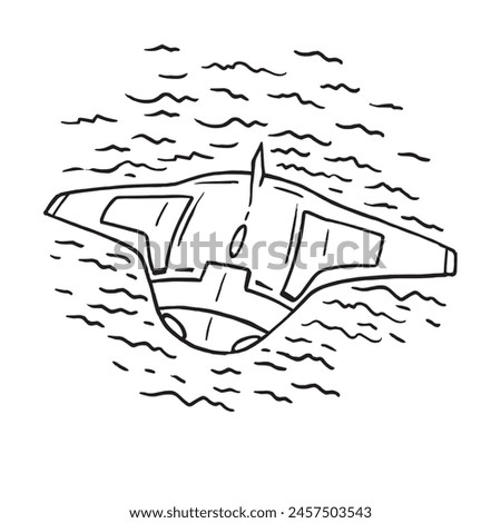Submarine drone made for fast underwater operation hand drawn outline illustration. Manta ray is secret military sub vehicle simple pen drawing decoration. Isolated cartoon warship with waves sketch.