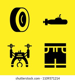 submarine, drone, swimsuit and alloy wheel vector icon set. Sample icons set for web and graphic design