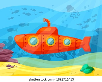 Submarine explores ocean depths illustration. Red bathyscaphe with extended periscope sails in coral reef and studies marine fauna scientific underwater discoveries and travels. Vector cartoon depth.