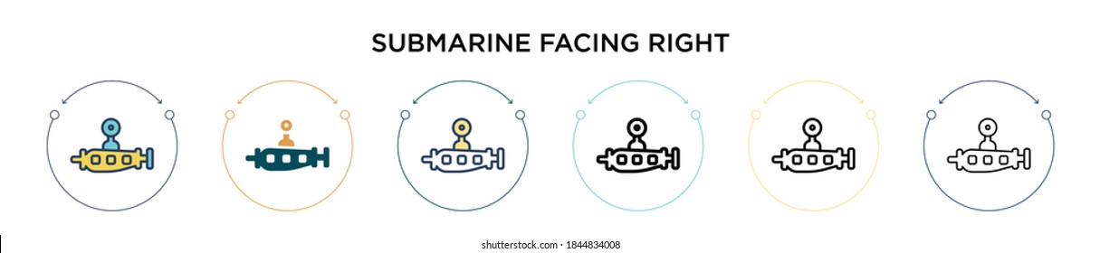 Submarine facing right icon in filled, thin line, outline and stroke style. Vector illustration of two colored and black submarine facing right vector icons designs can be used for mobile, ui, web