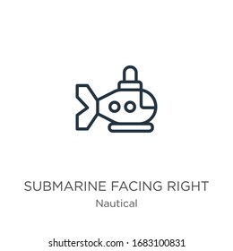 Submarine facing right icon. Thin linear submarine facing right outline icon isolated on white background from nautical collection. Line vector sign, symbol for web and mobile