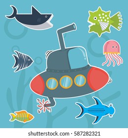 submarine with fish cartoon vector