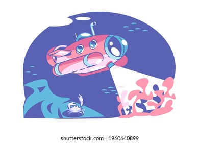 Submarine And Fish Vector Illustration. Fantastic Retro Submarine With Periscope Extended Above Sea Surface Flat Style. Underwater Landscape Concept. Isolated On White Background