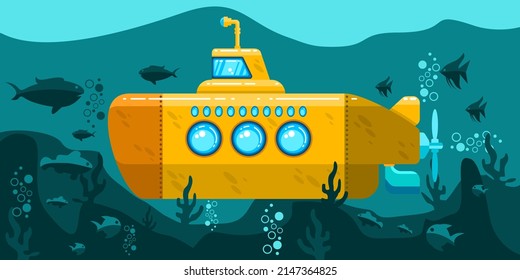 Caricatura plana submarina. Ilustración de icono del vector con pescado