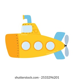 Submarine in flat style. Vector illustration. Hand drawn kids submarine.