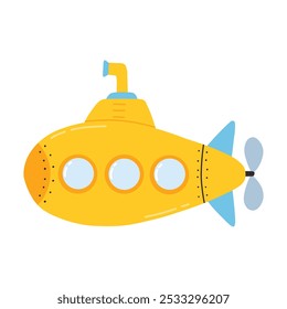 Submarine in flat style. Vector illustration. Hand drawn kids submarine.