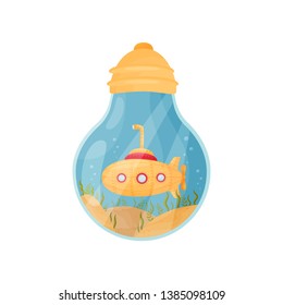 The submarine floats on the bottom of the sea. Figure inside the light bulb. Vector illustration.