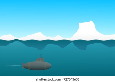 Submarine floats underwater in the Arctic. Cartoon dark submarine.