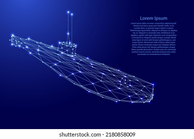 Submarino de futuristas líneas azul poligonal y estrellas brillantes para carteles, afiches, tarjetas de felicitación. Ilustración vectorial.