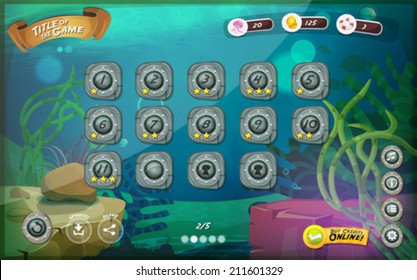 Submarine Game User Interface For Tablet/ Illustration of a funny submarine sea graphic game ui background, in cartoon style with basic buttons and functions, status bar, for wide screen tablet