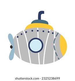Submarine in hand-drawn style. Children's vector illustration. Print for boys t-shirt, postcard, nautical theme. White isolated background. 