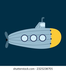 Submarino de estilo artesanal. Ilustración vectorial infantil. Impresión para camisetas de niños, postales, tema náutico. Fondo azul aislado. 