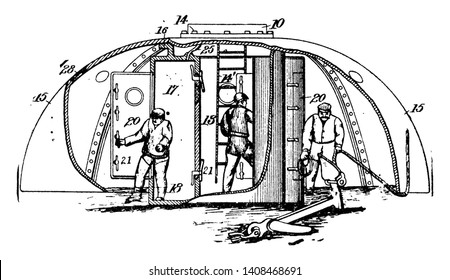 Submarine Hull used to describe the outer hull of a submarine which houses the pressure hull providing hydro dynamically efficient shape, vintage line drawing or engraving illustration.