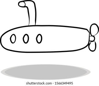 Submarine icon on white background, flat design, hand drawing. Illustration of military spy, contour of symbol black
