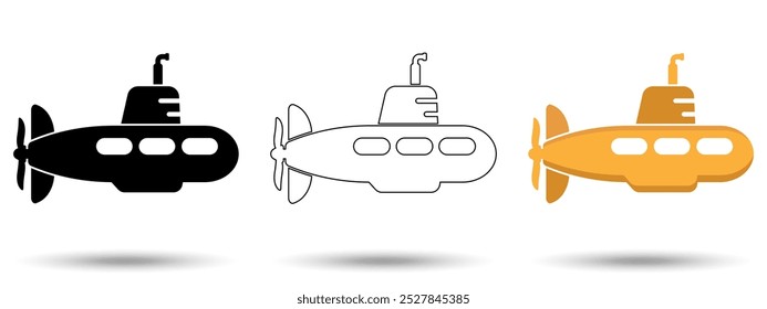 Submarine icon. Submarine icon on a white background, isolated. The icon has three uses in applications and websites. Vector illustration. Submarine icon on a white background.