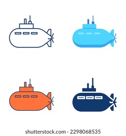 Unterseeboot-Icon im flachen und Linienstil. Militärisches Unterwassertransportsymbol. Vektorgrafik