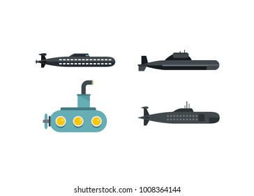 Submarine icon set. Flat set of submarine vector icons for web design isolated on white background